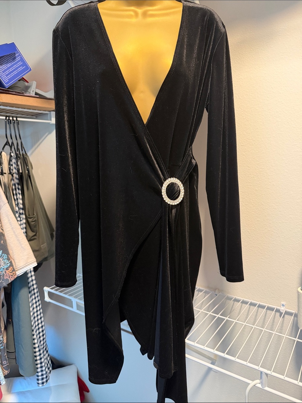 Black Velvet Long-Sleeve Wrap Dress with Rhinestone Buckle
